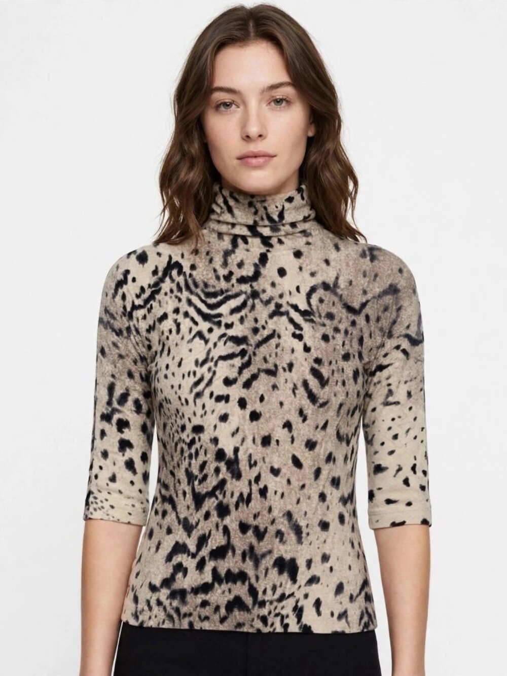 Max Mara Animal Print 3/4 Sleeve Thin Merino Wool Turtleneck Sweater Sz L Large